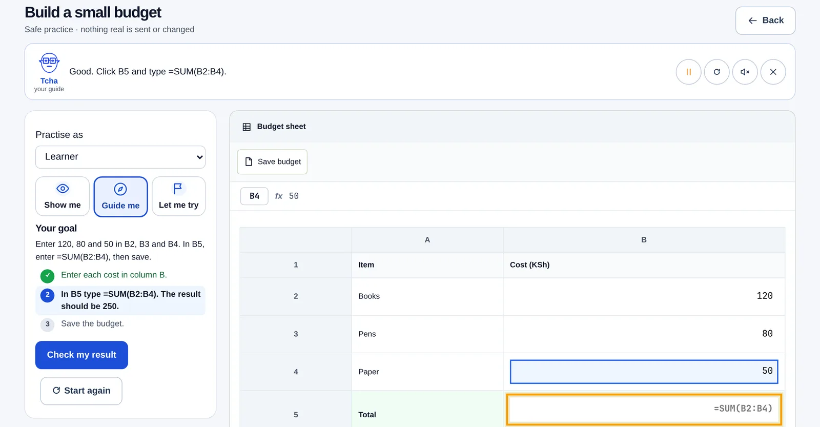 Building a small budget in a practice spreadsheet in KEYBAKI Labs, with Tcha guiding each step.