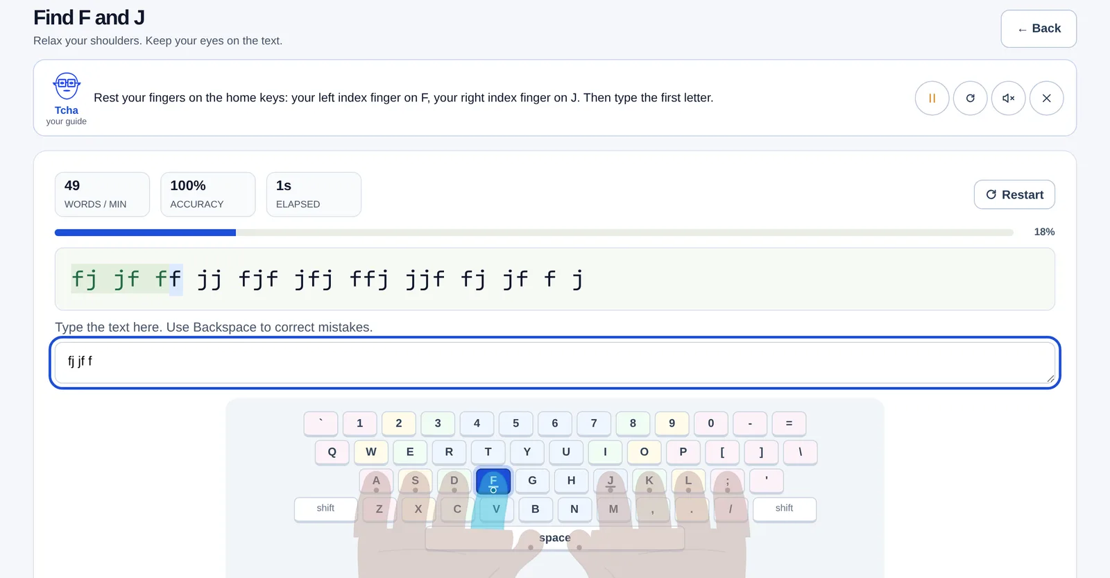 A typing lesson in KEYBAKI Labs, with Tcha and an on-screen keyboard showing which finger to use.